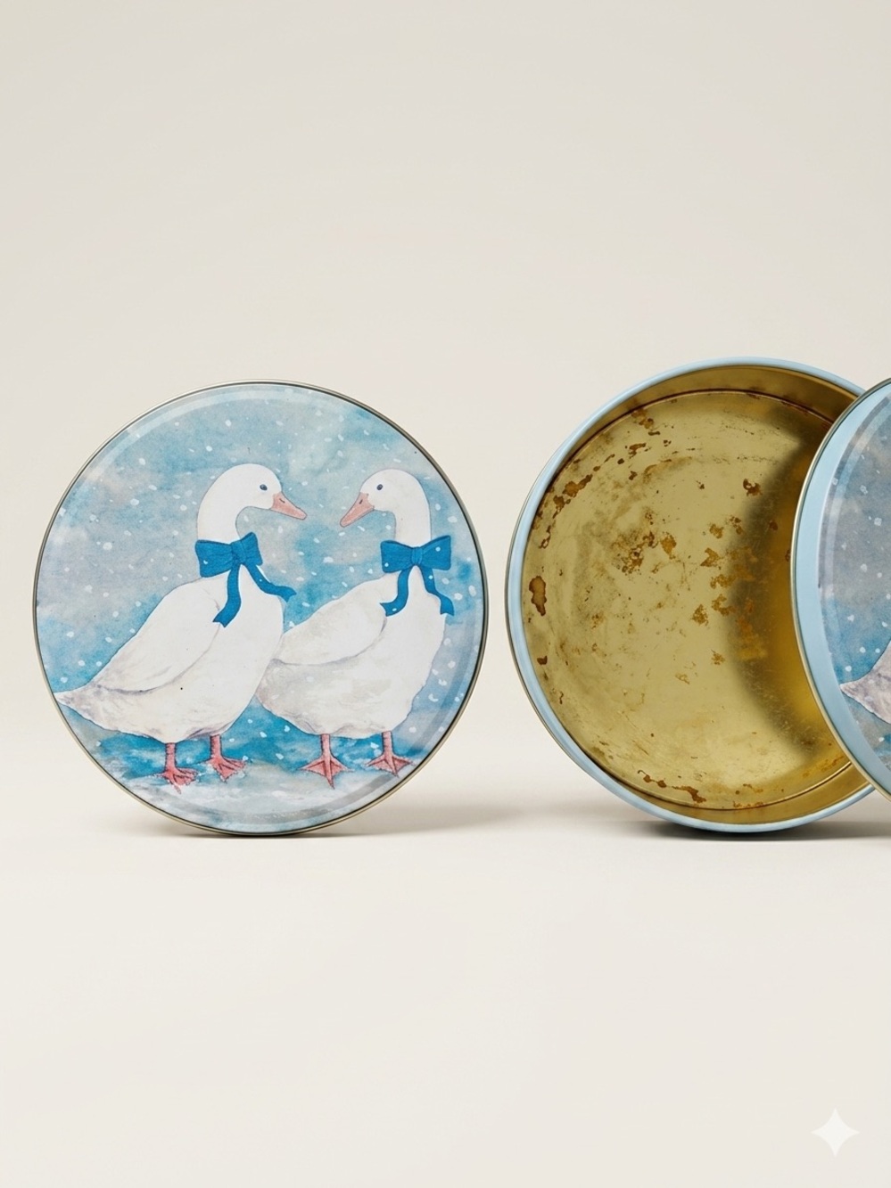 Vintage blue ribbon geese, Metal tin Cottagecore, farmhouse, country